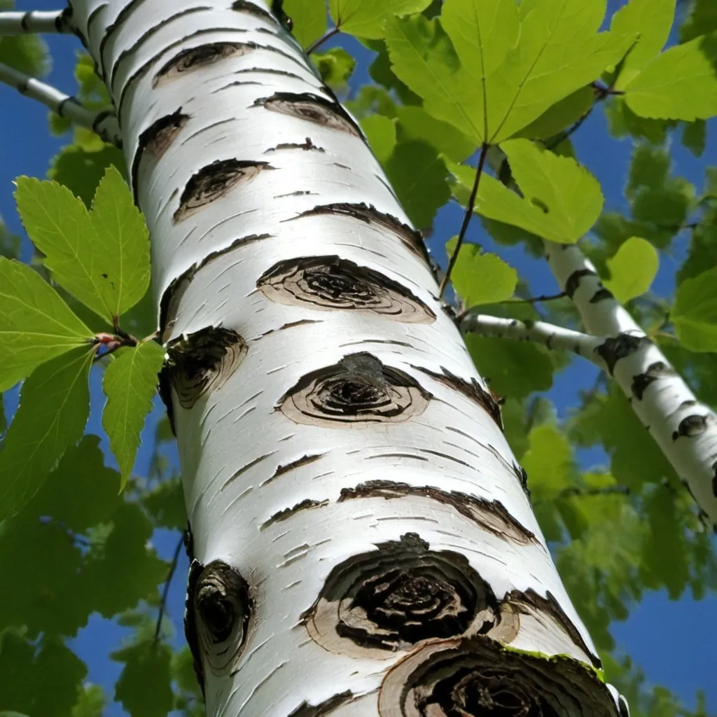 Prompt: Birch (Betula)Details: Birches are easily recognized by their distinctive white bark, which peels off in thin layers. They are pioneer species, often among the first to colonize open ground.Habitat: Boreal forests and temperate regions in the Northern Hemisphere.Notable Features: Smooth, white bark and triangular leaves.