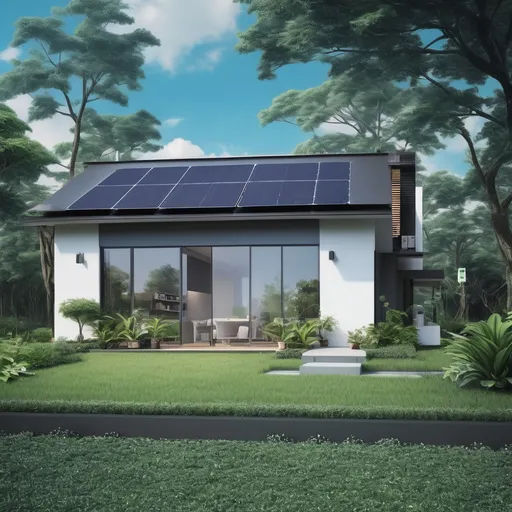 Prompt: a house that use inverter with a blue sky and green garden