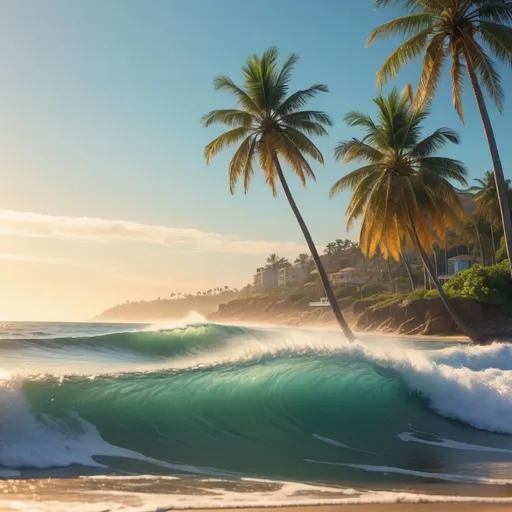 Prompt: (Can surfing), vibrant colors, dynamic motion, joyful atmosphere, ocean waves crashing, surfboard gliding on water, blue-green sea, summer sky with a warm golden light, playful and whimsical, detailed splashes, sunrays reflecting, high contrast, cool breeze, beach vibes, background showing distant shoreline with palm trees, ultra-detailed, 4K quality, cinematic masterpiece, lively energy, photo realism, award-winning texture and reflections.