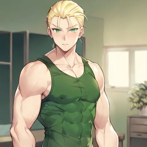 Prompt: Muscular boy with his blonde hair slicked back and green eyes and green tank top 