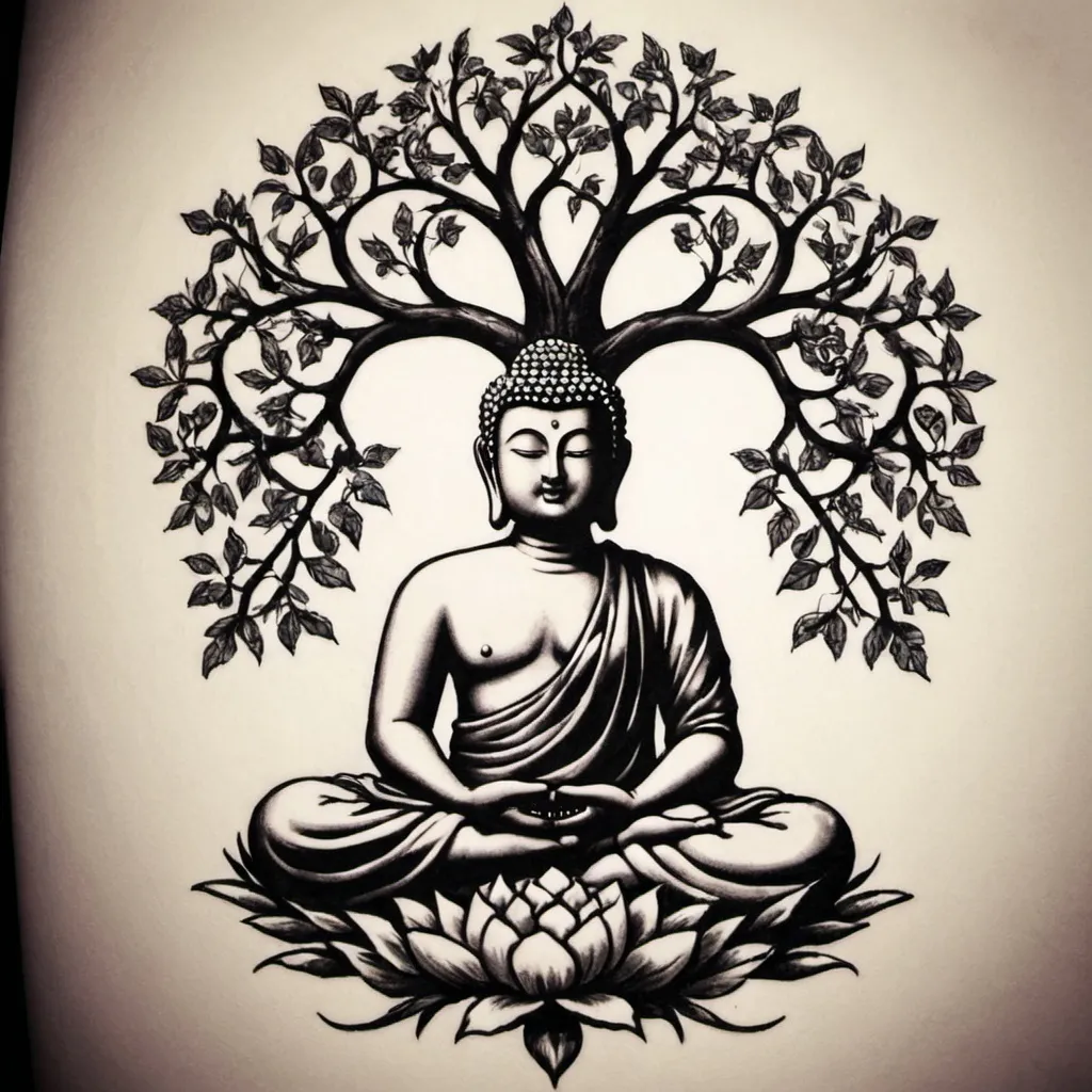 Prompt: Create a tatoo that would be a sleave on arm. I would like to incorperate religious imagery, It is set in the garden of eden, where there is the cross symbolizing the tree of knowledge where buddah sits at the base meditating.
