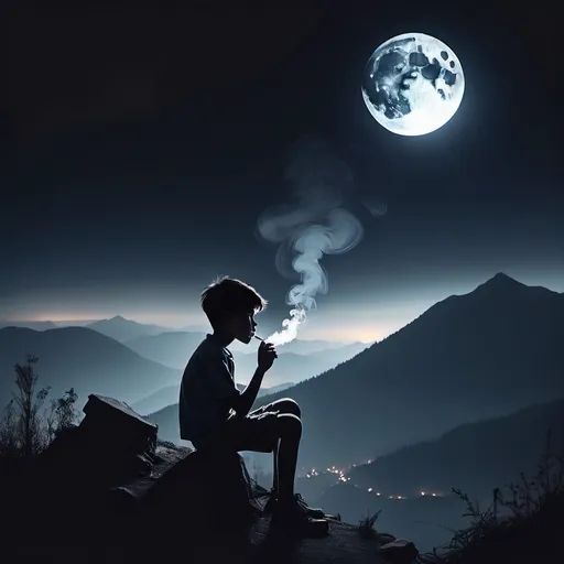 Prompt: A boy shadow smoking in the very dark under the moonlight on mountain