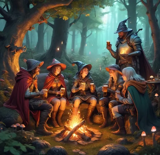 Prompt: A group of RPG characters having a drink of ale at a campfire in a mushroom forest 