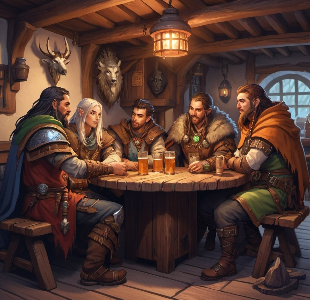 Prompt: A warrior, Druid, Paladin, Wizard, and Shaman sitting around a table in a cozy tavern having a drink 