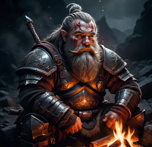 Prompt: A Dwarf Warrior having a break at a campfire in the middle of the night covered in blood 