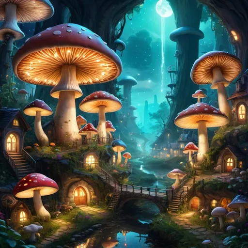 Prompt: Mushroom City filled with life and nature at night with bright lights 
