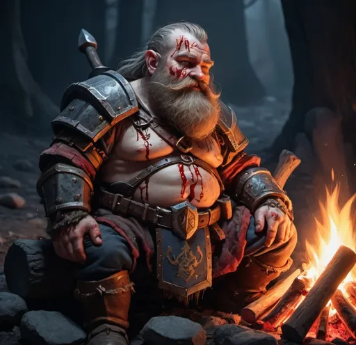 Prompt: A Dwarf Warrior having a break at a campfire in the middle of the night covered in blood 