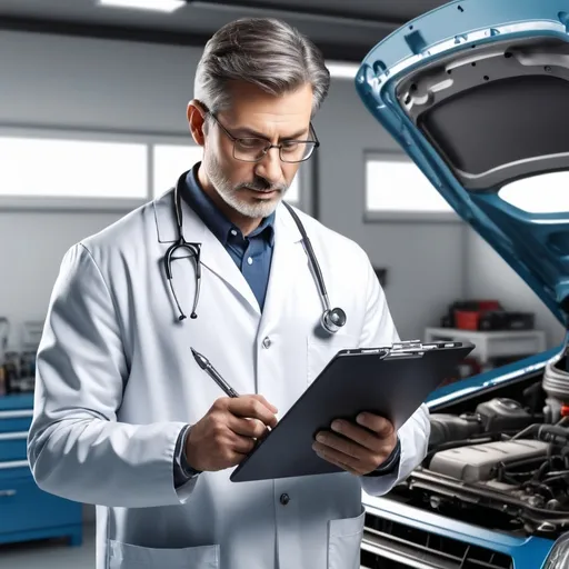 Prompt: Professional doctor with a clipboard inspecting automotive equipment, mechanic repair shop setting, detailed tools and equipment, realistic rendering, bright and well-lit, high quality, professional, detailed clipboard, precise inspection, automotive repair shop, bright lighting