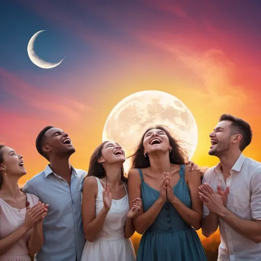 Prompt: Ladies and men sing together, happy, standing close to each other, joicing,  moon and the sun on the colourfull sky in the backround