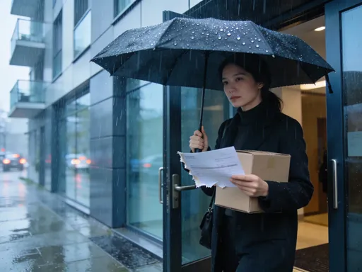 Prompt: a resident of a modern inner city chic apartment block leaving the building via the main entrance in rainy weather with a delivery slip in hand. she is holding an umbrella, there is no strong expression but it is clear she is having to inconveniently leave her building to collect something