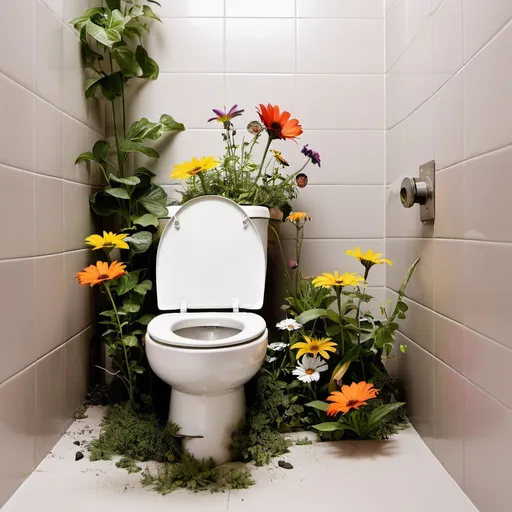 Prompt: flowers and plants coming out of a toilet
