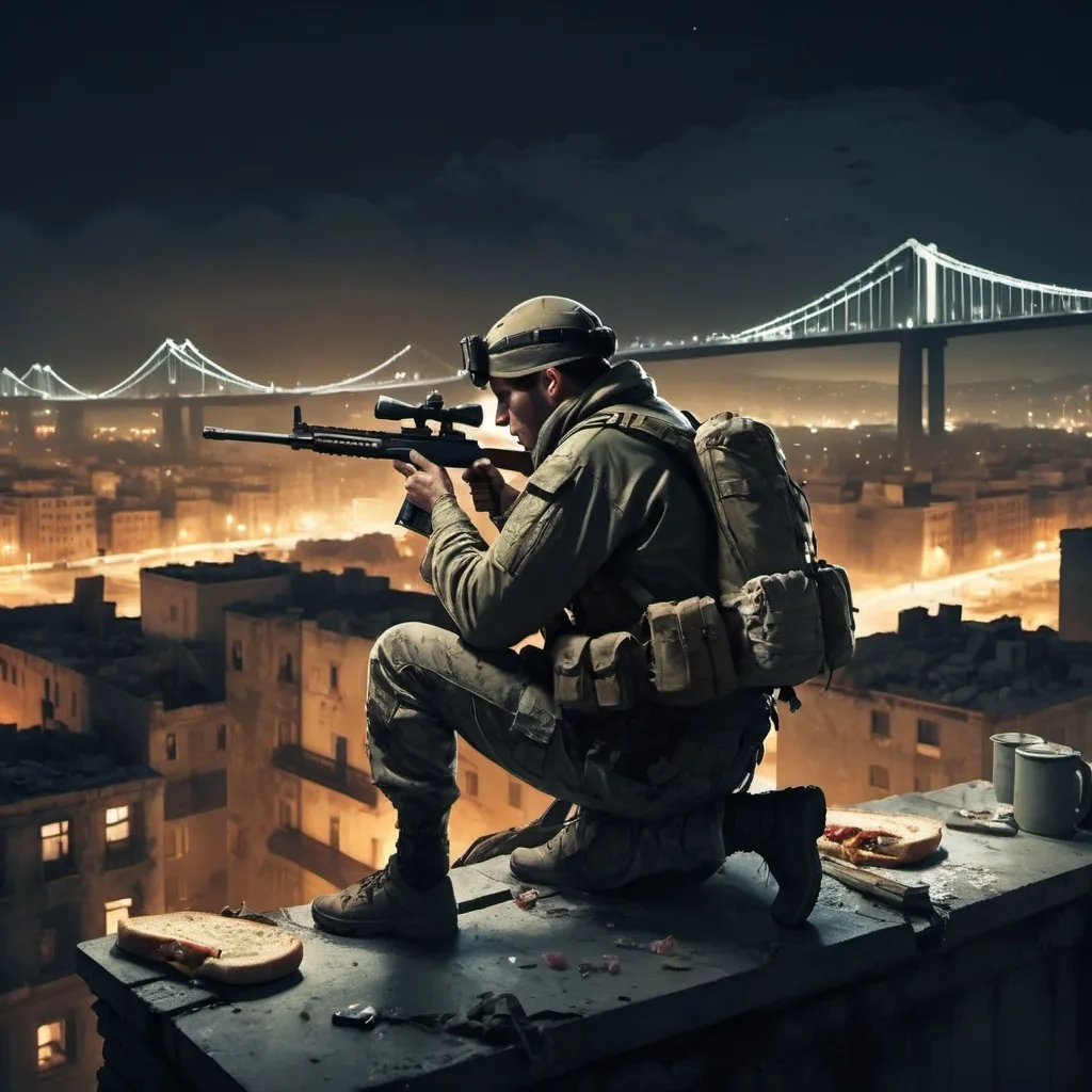 Prompt: a sniper on top of a rooftop in a war torn city at night eating a sandwich and looking stressed near a bridge