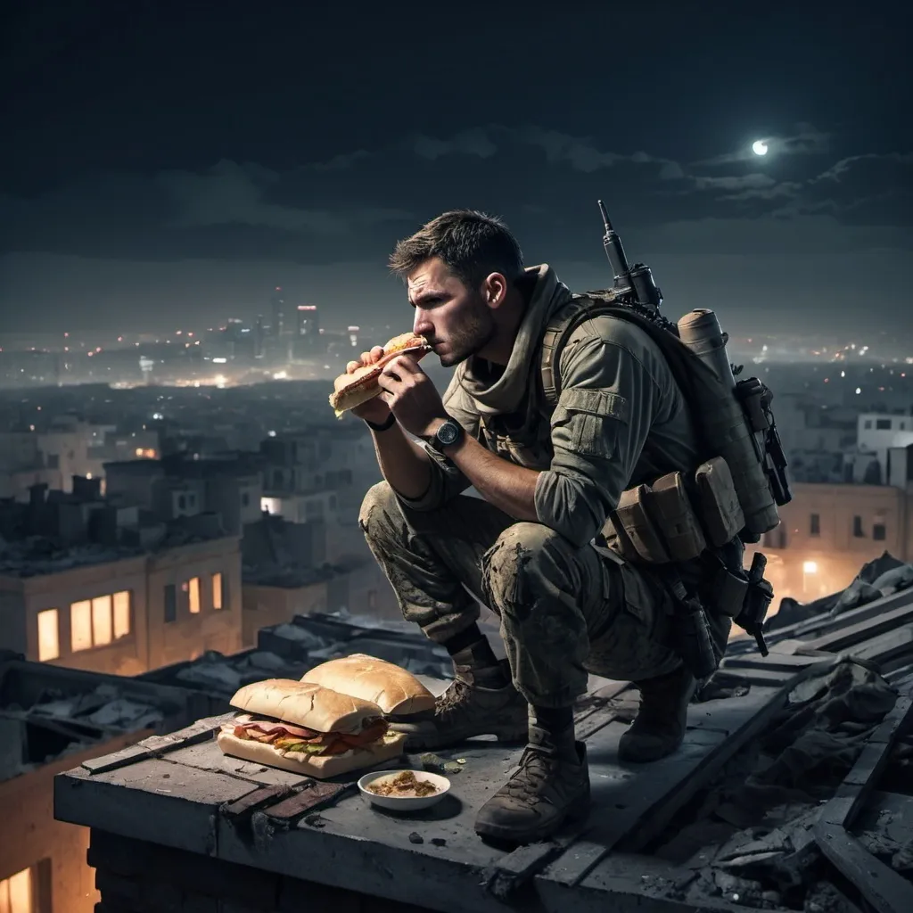 Prompt: a sniper on top of a rooftop in a war torn city at night eating a sandwich and  looking stressed