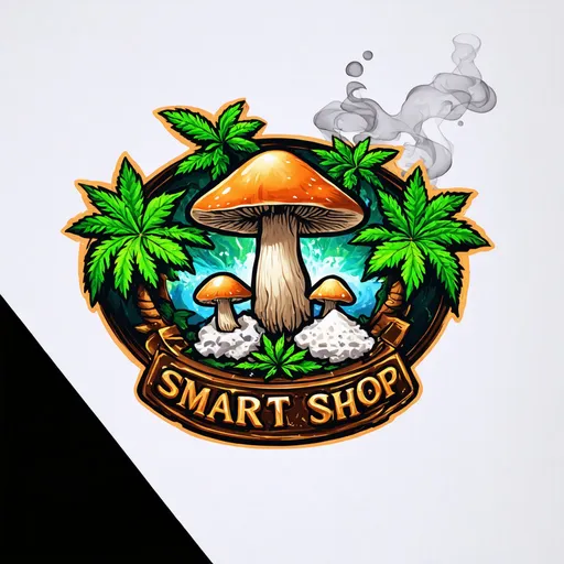 Prompt: (mysterious, magical, marihuana store logo), enchanted elements, mushrooms, marihuana leafs, cocaine powder, text: LONG BEACH, Beach,  palms, sign, text: Smart Shop, ethereal smoke spirals, glowing mystical symbols, vibrant green and gold tones, arcane runes, enchanting aura, fantasy shop signage, whimsical design, high-resolution illustration, intricate linework, HD quality, atmospheric, alluring, engaging, enticing ambiance, bold and magical typography, spellbinding detailing, mythical insignia, deep, enchanting background, ultra-detailed, sophisticated visual appeal, captivating, otherworldly vibe.