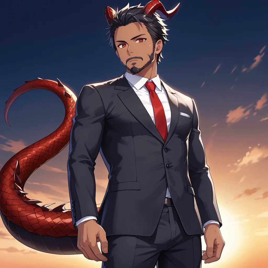 Prompt: Anime, An athletic man with dark brown skin and a kept full beard, Business Suit, short black hair, Red eyes, Black dragon horns tipped with red, a Black dragon tail with red scales on the bottom ending in a sharp point, unarmed