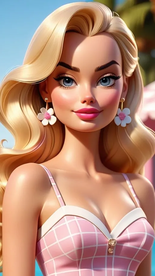 Prompt: realistic 3d portrait rendering of Margot Robbie as barbie winking to the camera, long blonde hair with straight bangs, wearing a pink and white checkered patterned belted spaghetti strap summer dress, matching white flower necklace and earrings poolside, pink building in the background, during golden hour, 8k, highly detailed, side camera angle