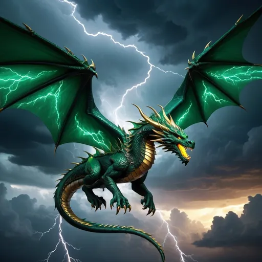 Prompt: (magnificent dragon), soaring majestically through a stormy sky, intricate scales shimmering with hues of deep emerald and gold, fierce eyes glowing luminescent, thunderclouds swirling in the backdrop, dramatic lightning illuminating the scene, powerful wings spread wide creating an imposing silhouette, (4K ultra-detailed), evoking a sense of awe and mystique.