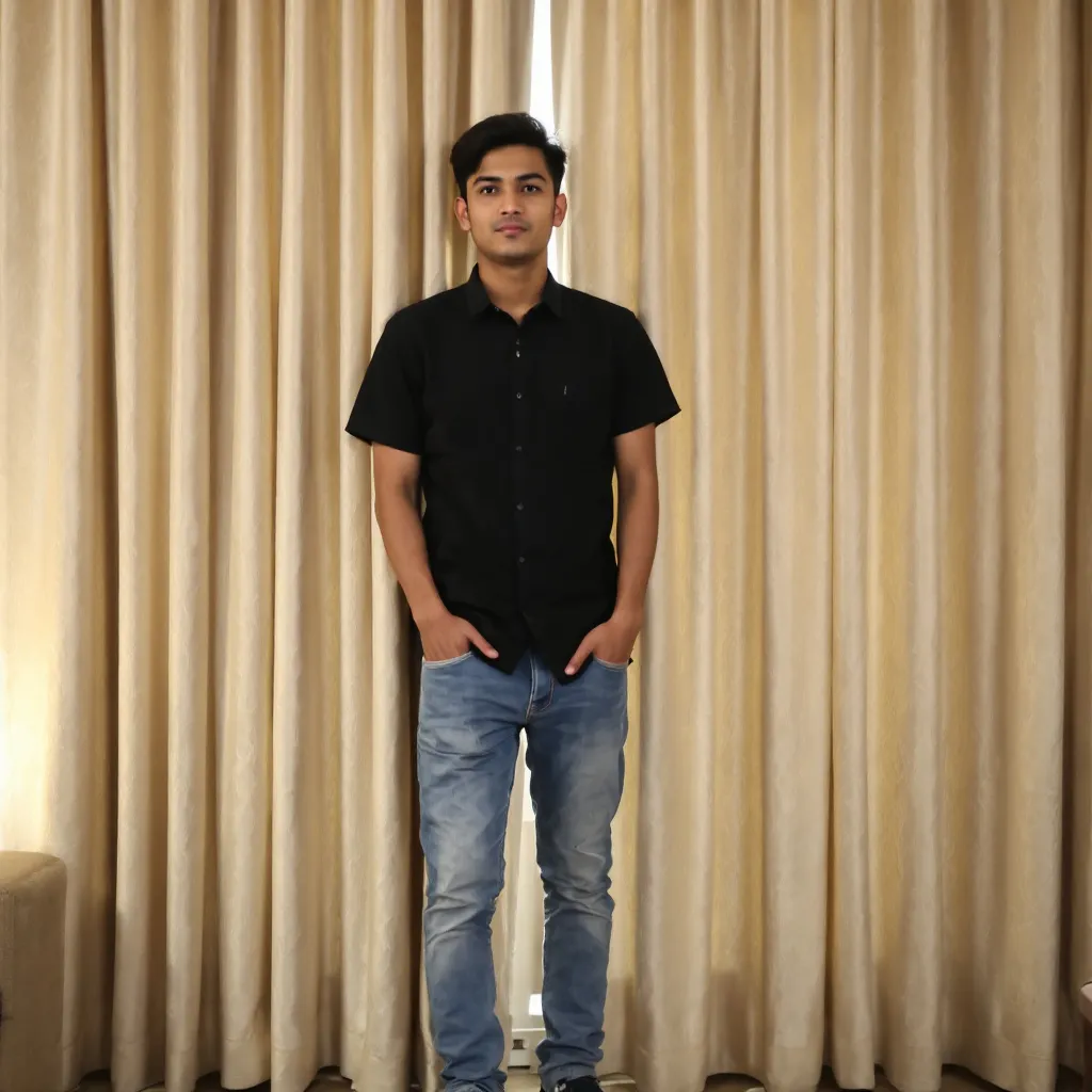 Prompt: Standing confidently against a backdrop of light, patterned curtains, a young individual is captured in a casual pose with one hand in their pocket and the other relaxed at their side. He wears a black, short-sleeved shirt that contrasts with his light blue jeans and dark sneakers, giving off a stylish yet comfortable vibe. The soft ambient light filtering through the curtains creates a welcoming atmosphere in what appears to be an indoor setting, enhancing the neutral color palette of the scene. His neutral expression conveys a sense of calm confidence, contributing to an overall narrative of relaxed poise in a contemporary living space.