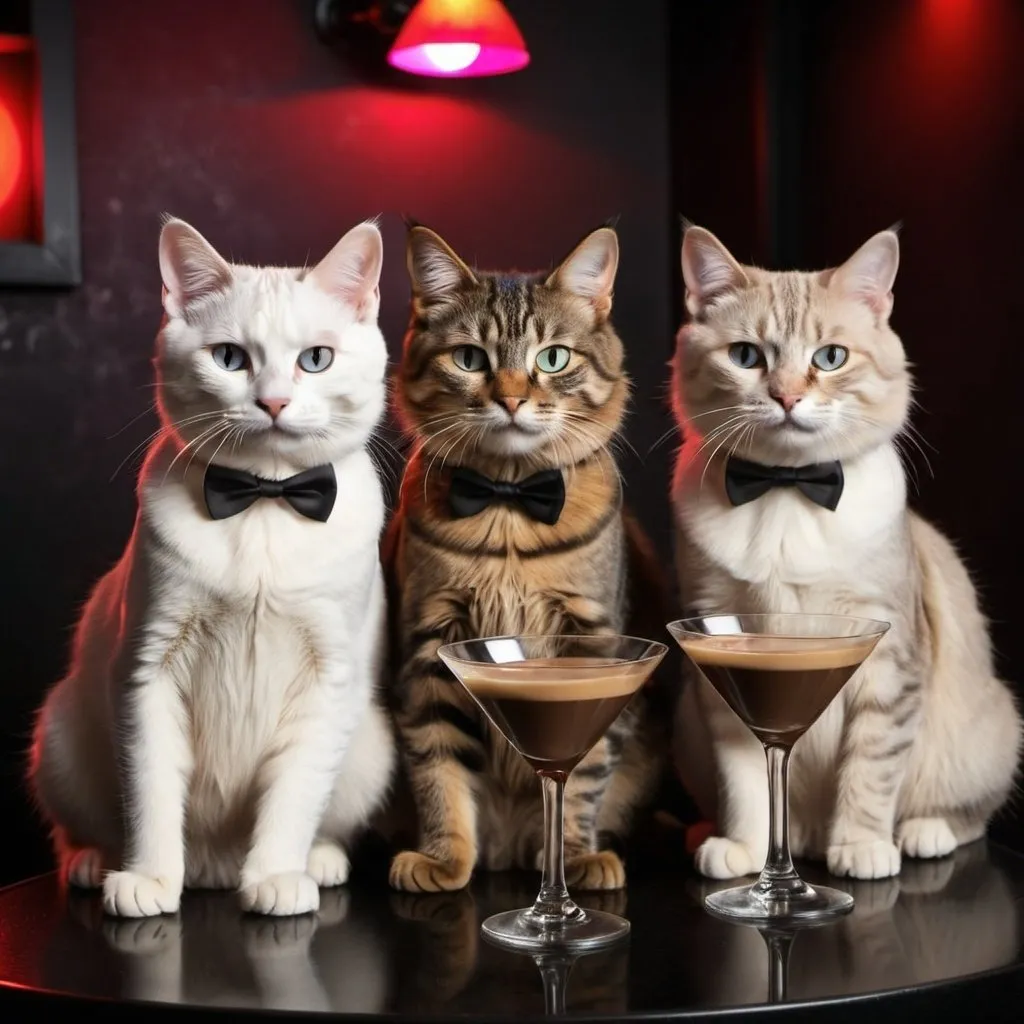 Prompt: studio shoot: several cats in dark nightclub drinking expresso martinis