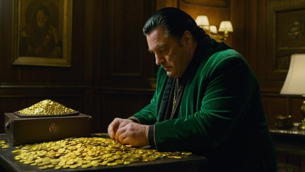 Prompt: Kevin is in a dimly lit room, surrounded by gold coins and various expensive artifacts, looking greedily at a bag of gold coins on the table. Kevin is a plump man in his 50s, with slicked-back black hair, small beady eyes, wearing an expensive, albeit slightly worn-out, green velvet coat, and brown leather shoes.