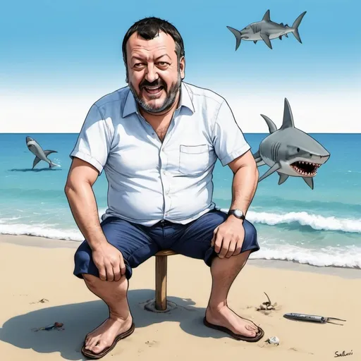 Prompt: Matteo Salvini on the beach that talk with a shark manga caricature
