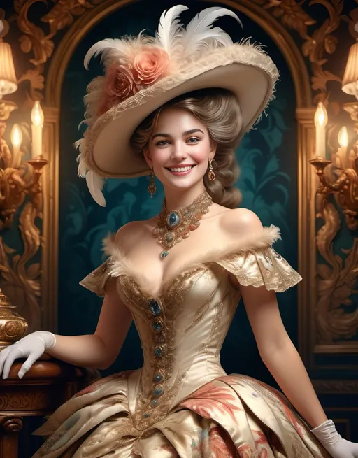 Prompt: Victorian-era (beautiful smiling woman), adorned in an elegant rococo-style dress, wearing a striking hat embellished with (feathers), surrounded by an opulent, richly decorated background with intricate patterns and luxurious textures. The ambiance exudes a sense of charm and sophistication, with soft, warm lighting illuminating her figure. 4K ultra-detailed, vibrant color tones that capture the essence of the era.