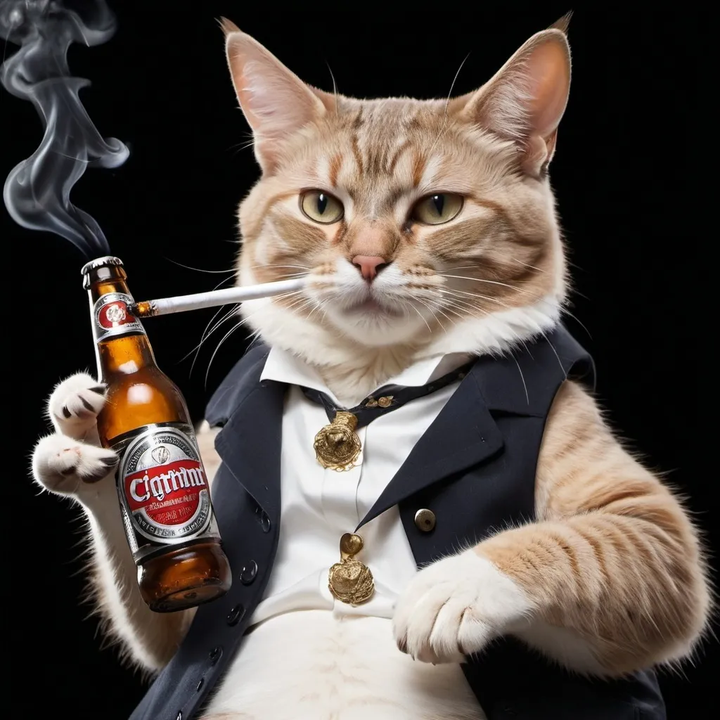 Prompt: A cat smoking a cigarete while holding a bottle of beer in its right paw