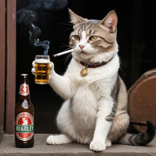 Prompt: A cat smoking a cigarete while holding a bottle of beer in its right paw