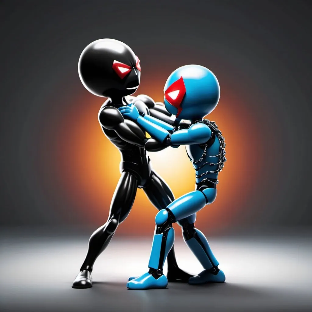 Prompt: superhero cyber stickman choking the neck of another cyber stickman