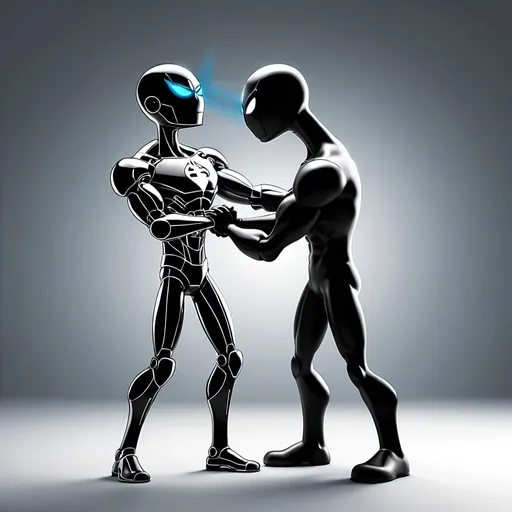 Prompt: superhero cyber stickman choking the neck of another cyber stickman