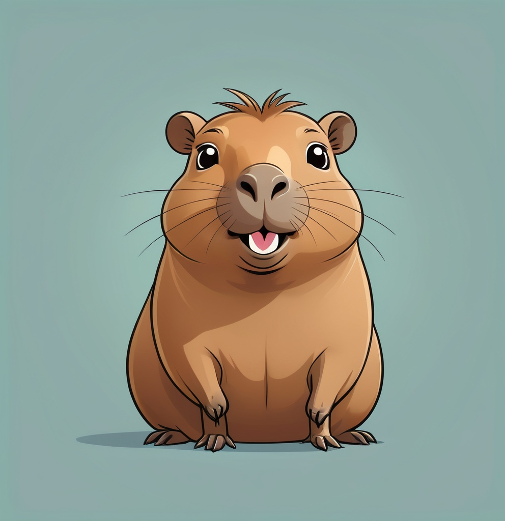 Prompt: Un capibara estilo cartoon capibara tiene un rostro adorable, con su cuerpo redondeado y suave. - Sus ojos son grandes y expresivos, de forma ovalada, con pupilas centradas y brillantes. - La boca está cerrada, pero tiene una ligera sonrisa en el borde, mostrando una expresión tranquila. - La postura de la cabeza es relajada, con orejas pequeñas y redondas hacia arriba.