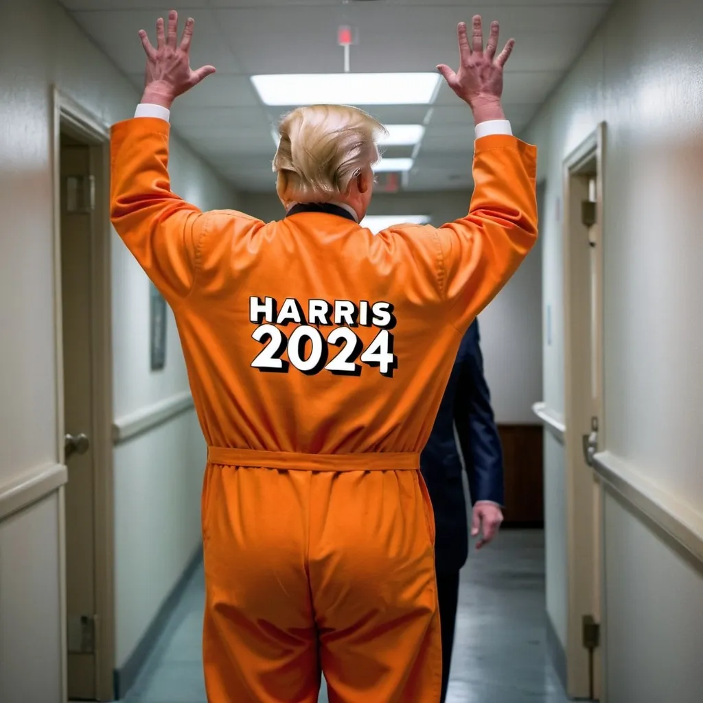 Prompt: Donald Trump in an orange prison jumpsuit, getting bumped from behind by an object that resembles a giant Tide Stick with the words "Harris Walz 2024" written on it, while he looks over his shoulder in shock and surprise