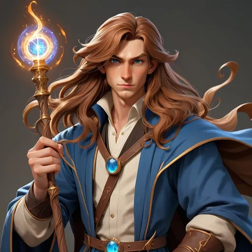 Prompt: High Mage Leo Suave,  a young mathematician mage in his 20s, wielding an elegant staff and has majestic brown long hair