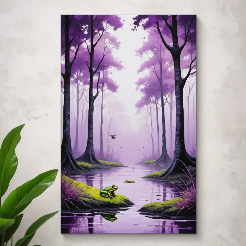 Prompt: Nature modern wall art vertical rectangle 
painting with trees and a frog and strong purple colours


