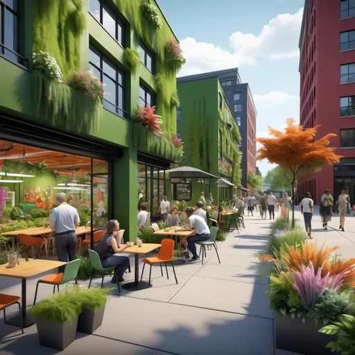 Prompt: photorealistic, (industrial urban mixed using building design), vibrant color scheme, green walls with plants on buildings, vibrant lush landscape, pedestrian-friendly spaces, greenspace and gardens with flowers. include people walking, at tables and riding bikes. add art and signage.