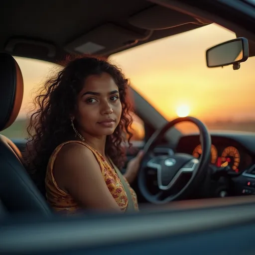Prompt: : Close-up of a indian student in the driver’s seat with a powerful confident expression.
