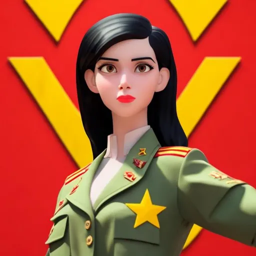 Prompt: Attractive 3d animated pale black haired woman in a communist uniform poses like an influencer.