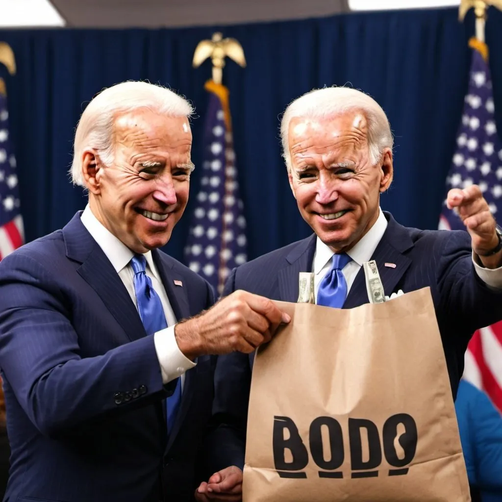Prompt: Create a thumbnail for youtube that has Joe Biden giving a money bag to Black politician.