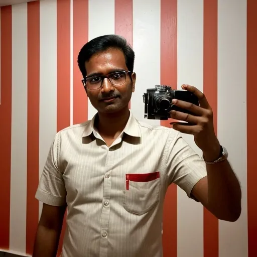 Prompt: a man with glasses is taking a selfie in a mirror with a camera in his hand and a red and white striped wall behind him, Bholekar Srihari, samikshavad, jayison devadas, a character portrait