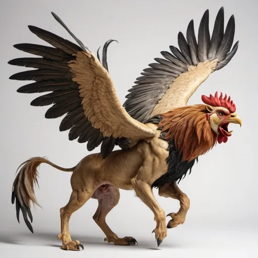 Prompt: A photorealistic, flying creature like a griffin mixed between a lion and a rooster