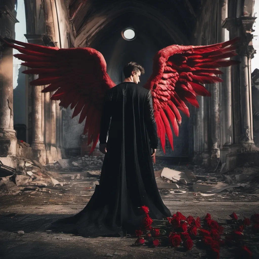 Prompt: A male angel in a black dress with red wings standing in front of a ruined church with a red rose in his hand and his back to the camera in a cinematic pose