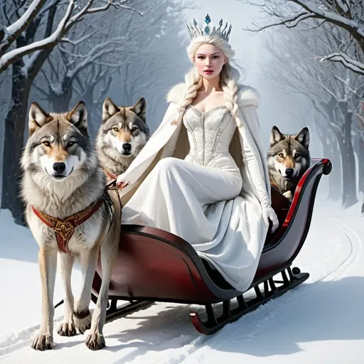 Prompt: The Snow Queen with wihte clothes in a sleigh. Wolves pull the sleigh