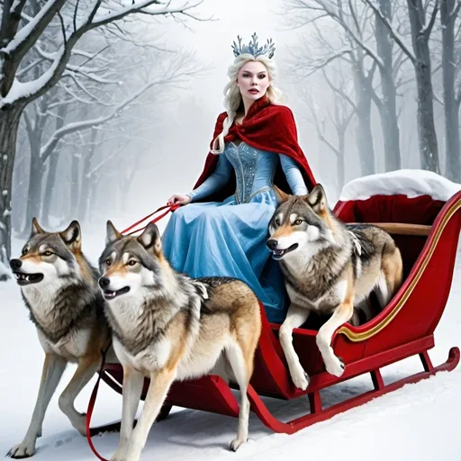 Prompt: The Snow Queen in a sleigh. Wolves pull the sleigh