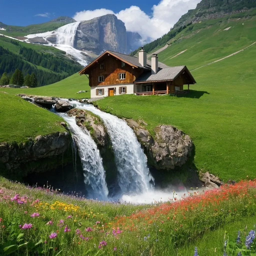 Prompt: mountain, meadow, flowers, waterfall, house