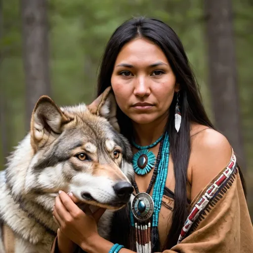 Prompt: native american  woman and wolf