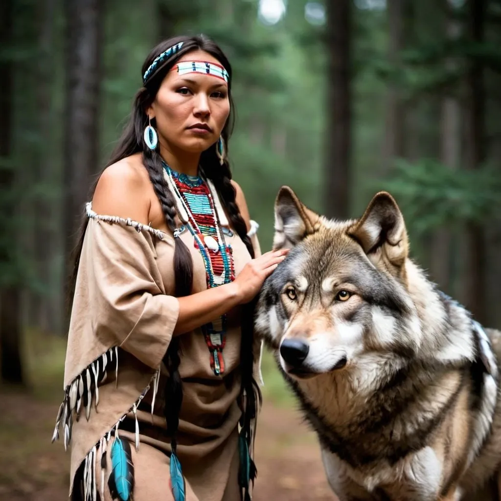 Prompt: native american  woman and one wolf