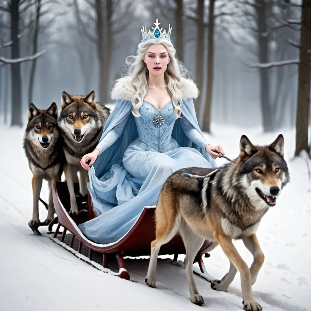 Prompt: The Snow Queen in a sleigh. Wolves pull the sled
