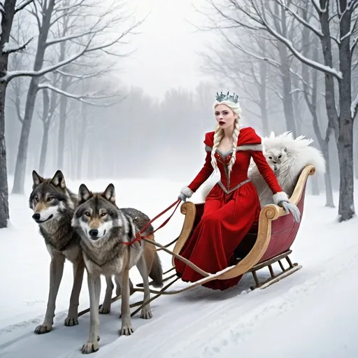 Prompt: The Snow Queen in a sleigh. Wolves pull the sleigh