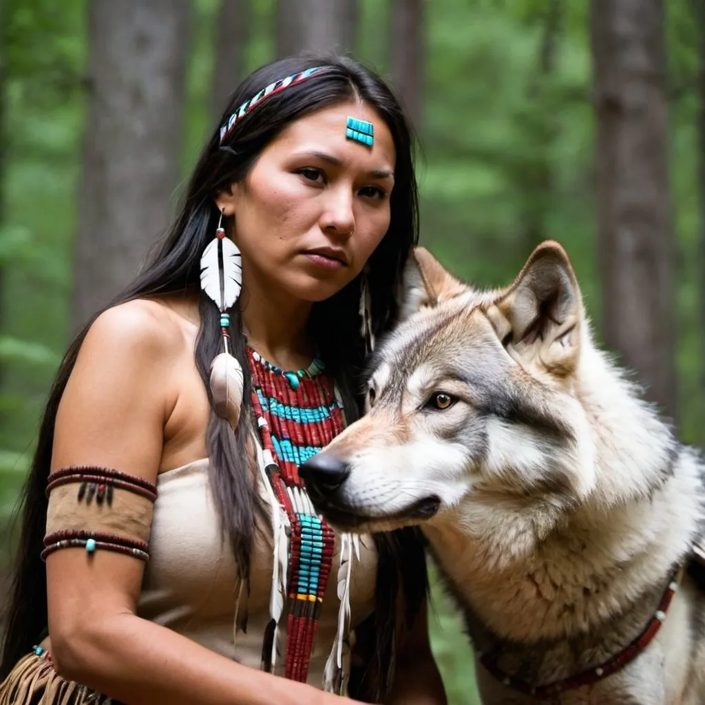 Prompt: native american  woman and one wolf