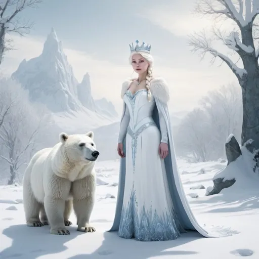 Prompt: single Snow Queen  and only one white bear standing on  a snowy landscape. 